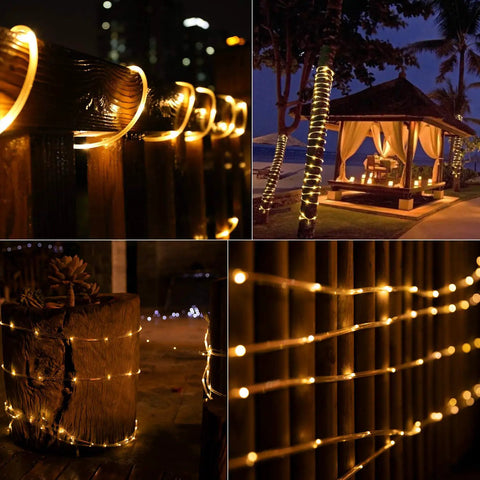 Solar Rope Lights 39Ft 100LED Outdoor String Lights IP65 Waterproof, 8 Lighting Modes, Warm White, Solar Powered glowing at night.