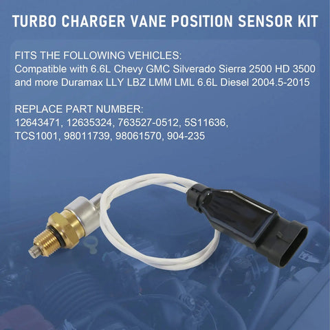 Turbo Charger Vane Position Sensor Kit For Chevy GMC Silverado Sierra 2500 3500 Duramax 6.6L Diesel LLY LBZ LMM LML 2004.5-2015 Replaces 904-235 12643471 12635324 763527-0512, with wire connector