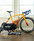 Indoor Bike Trainer Chain Cover And Drivetrain Guard Padded Chainstay Shield on bike in home gym setting with toys.