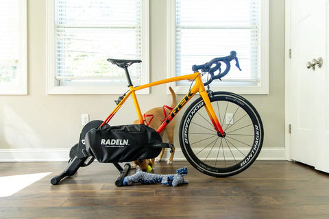 Indoor Bike Trainer Chain Cover And Drivetrain Guard Padded Chainstay Shield on bike in home gym setting with toys.