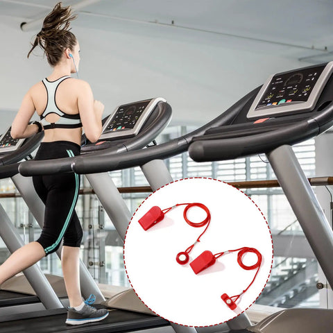Woman running on treadmill with Two Pack Universal Treadmill Magnetic Safety Keys Red Emergency Stop Clips visible in the inset.