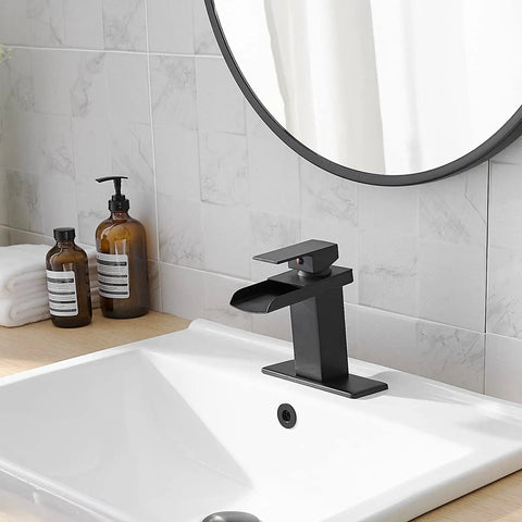 Waterfall Matte Black Bathroom Faucet With Single Handle Fits 1 Or 3 Hole Sinks Includes Pop Up Drain And Deck Supply Hoses