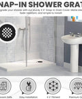 Matte Black 4 1/4 Inch Snap-In Shower Drain Cover Round Grate Replacement 4.25 Inch OD Strainer in a modern bathroom setting