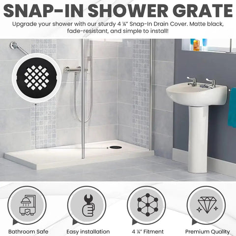 Matte Black 4 1/4 Inch Snap-In Shower Drain Cover Round Grate Replacement 4.25 Inch OD Strainer in a modern bathroom setting