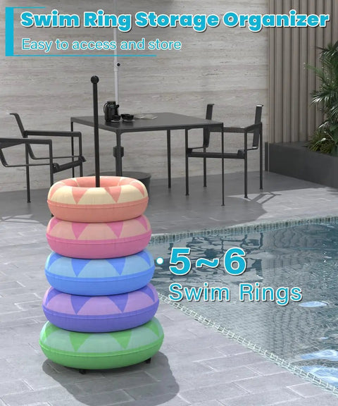 Sturdy Metal Pool Float Rack Organizer For Poolside Storage Holds 5 To 6 Swim Rings by the pool with pastel-colored rings.