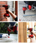 Collage of 21V Max Brushless Cordless Hammer Drill Driver Kit in use for masonry, metal, wood drilling with included accessories.