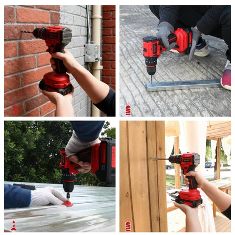 Collage of 21V Max Brushless Cordless Hammer Drill Driver Kit in use for masonry, metal, wood drilling with included accessories.