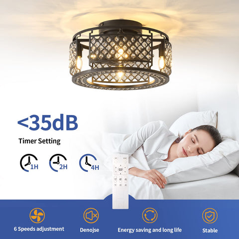 18 Inch Lit Crystal Lantern Ceiling Fan Light With Remote Industrial Chandelier Style Black Finish Includes Bulb K9 Crystal Cage 8 Blades
