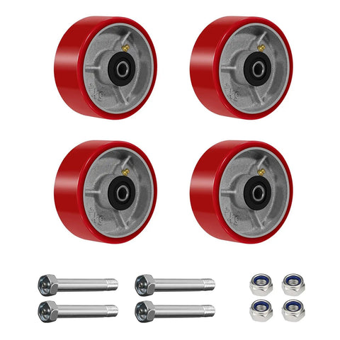 Heavy Duty 5 Inch Caster Wheels Replacement 1000 Lbs Per Wheel Beefed Up Polyurethane On Cast Iron Wheel Half Inch Bore Setup