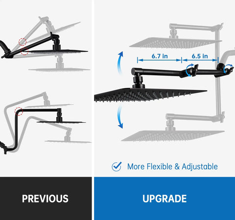 Comparison of previous and upgraded All Metal 10-Inch Rainfall Shower Head With Handheld Spray Combo showing adjustable arm flexibility.