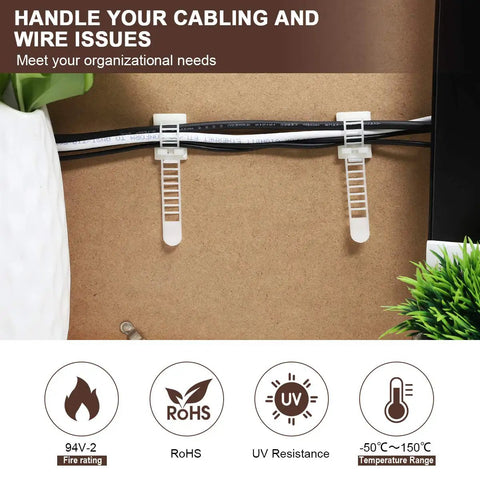 Adhesive Cable Clips and Zip Ties Kit With 50Pcs Zip Ties, 50Pcs Clips, Adjustable Nylon Cable Straps mounted on wall