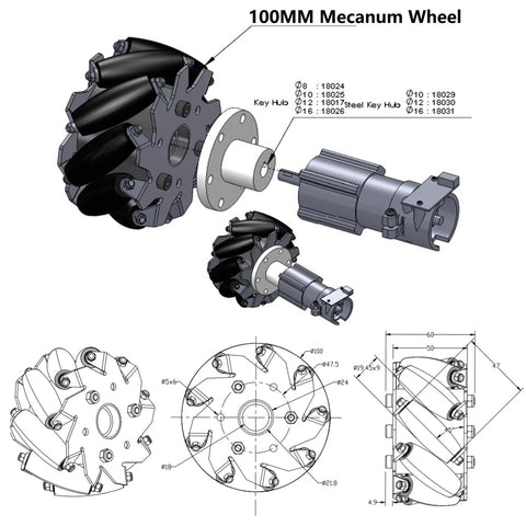 MC600 100mm mecanum wheel 4WD metal car chassis with DC motor; exploded assembly diagrams and views.