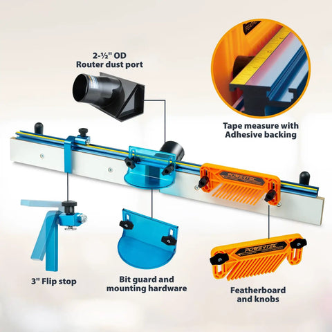 Router Table Fence System Kit With Aluminum Fence Thirty Two Inches Long And Three And A Half Inches Tall Easy Adjustment Knob Flip Stop Measuring Tape Feather Board Bit Guard Built In Dust Port, showing features and accessories.
