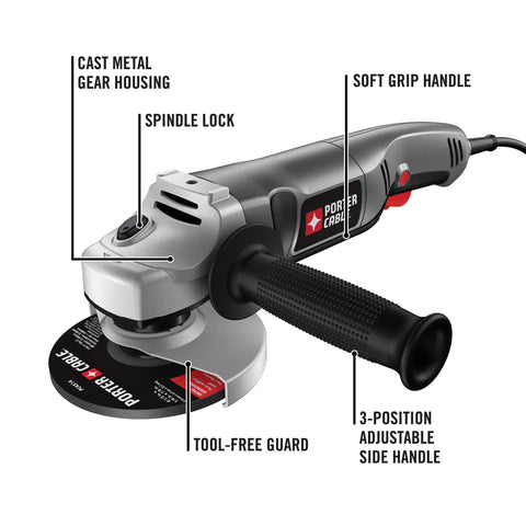 Porter-Cable 4-1/2-inch angle grinder, 7.5-amp with soft-grip side handle