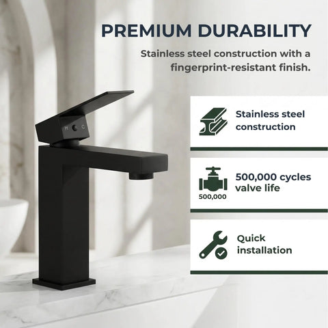 Go To Matte Black Bathroom Faucet With Smooth Single Handle And Included Pop Up Drain, Fresh Square Vanity Sink Tap For No Hassle Single Hole Deck Mount Setup And Solid Daily Performance