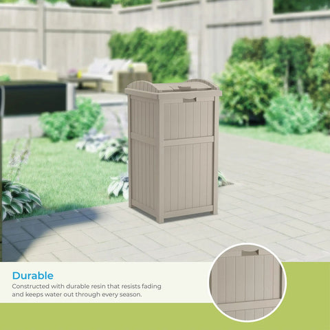 Hideaway Outdoor Trash Can With Lid 30 Gallon Weather Resistant Resin Bin With A Wicker Style Look for patio, in modern backyard.