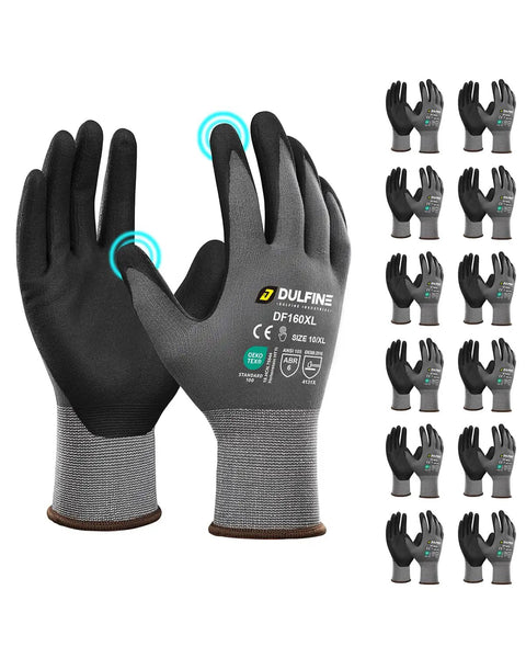 Safety Work Gloves MicroFoam Nitrile Coated Seamless Knit Nylon, 12 Pairs Pack, Black Micro Foam Grip, touchscreen fingertips