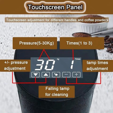 Heavy Duty Electric Coffee Tamper Featuring 58mm Universal Fit And Touchscreen Controls For Easy 5 To 30 Kilogram Pressure Settings Crafted From Rugged Aluminum And Stainless Steel For Tight Espresso Pucks That Crush Every Shot Without The Sweat touchscreen panel showing pressure and time adjustments.