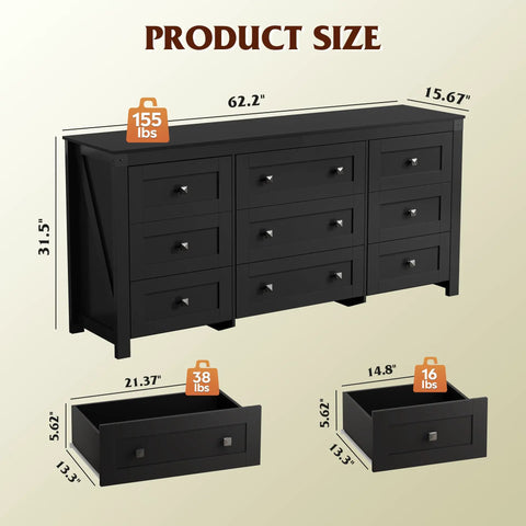 Top Shelf 9 Drawer Farmhouse TV Stand With Badass Storage Space And Rustic Barn Accents Built For Chill Living Rooms Holds Big Screens Up To 70 Inches In Sleek Black size dimensions with weight details.