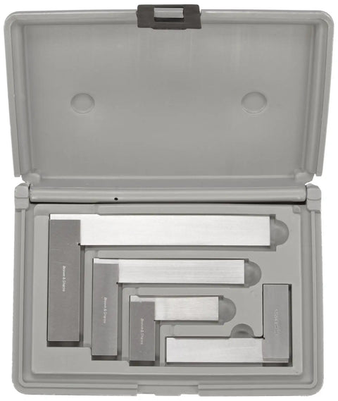 Durable Four Piece Workshop Square Set In A Blow Molded Case With 2 Inch 3 Inch 4 Inch And 6 Inch Squares, open case view.