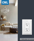 Beefy 15 Amp Decorator Wall Receptacle in modern living room with sofa and chandelier, UL Listed White, wall plate not included