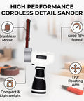 NoSweat 12V Cordless Detail Belt Sander with brushless motor, 6800 RPM speed, compact design and 170° flexible arm.