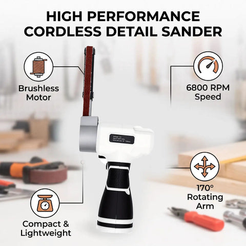 NoSweat 12V Cordless Detail Belt Sander with brushless motor, 6800 RPM speed, compact design and 170° flexible arm.
