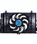 Knockout Direct Swap Tesla Model 3 Radiator Cooling Fan Assembly With Brushless Motor Fits 2017 Through 2021, front view with black blades and motor.