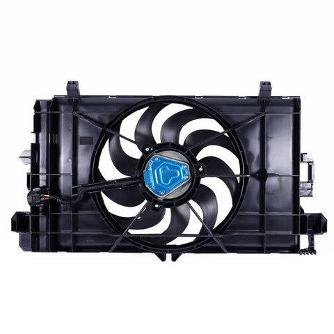 Knockout Direct Swap Tesla Model 3 Radiator Cooling Fan Assembly With Brushless Motor Fits 2017 Through 2021, front view with black blades and motor.