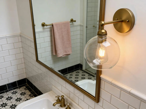 Brass Boho Vanity Light Vintage Gold Wall Sconce For Bathroom And Hallway Hardwired Industrial Fixture With Double Hole Round Glass Shade