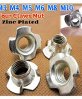 Four Claw T Nuts For Wood Furniture And Speaker Installations Carbon Steel Zinc Plated M10 Blind Prong Inserts