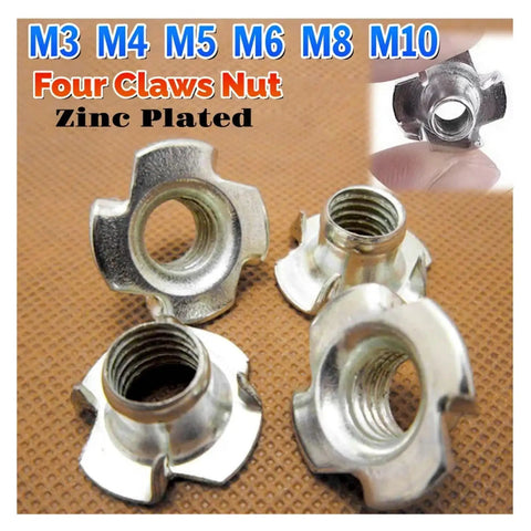 Four Claw T Nuts For Wood Furniture And Speaker Installations Carbon Steel Zinc Plated M10 Blind Prong Inserts
