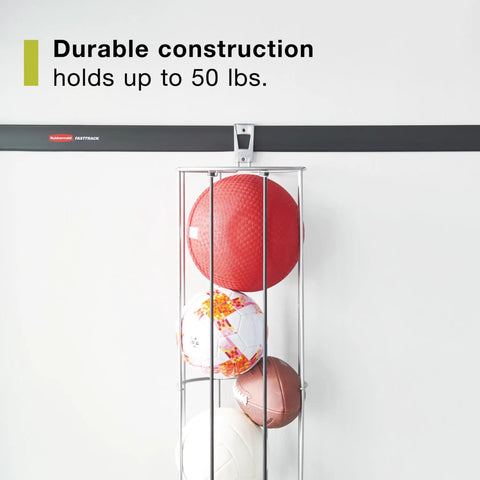 Garage FastTrack Vertical Ball Rack Wall Mount in Satin Nickel holding basketballs and soccer ball, durable steel, 50 lb capacity.