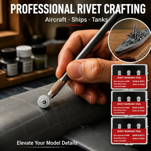 9 Wheel Model Rivet Maker Tool Set With Alloy Handle And 3 Wheel Groups Pro Grade Scribing Kit in use on model aircraft