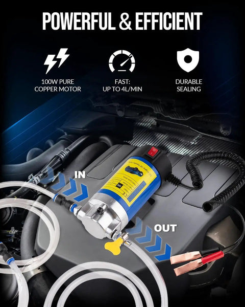 Badass 12 Volt Electric Oil Extractor Pump For Faster Engine And Transmission Fluid Siphon Directly Through Dipstick Tube With Zero Messy Spills On Every Car Truck And Boat Garage Job on engine with hoses.