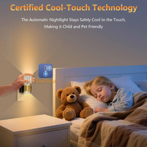 Straight Up Easy Dusk To Dawn Plug In Night Light With Smooth Slide Dimmer And Auto Sensor Zero Stress Setup For Hallway Bedroom Energy Saving LED Wall Lamp Top Shelf Two Pack with cool-touch technology installed beside a sleeping child.