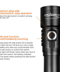 Close-up of D530 1300 Lumen Titanium Dive Light with IP68 Waterproof Build, side button switch visible for operation modes.