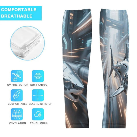Stay Dope In The Heat With These Fly Ice Silk Arm Sleeves Designed Around A Sharp Mechanical Shark Look To Secure Ace Sunproof Coverage Snug Elastic Fit And Zero Sweat Summer Vibes, showcasing mechanical shark design.
