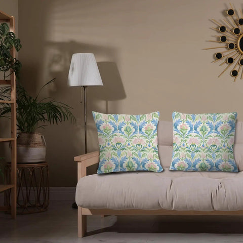 Vintage Block Print Floral Pillow Covers 18x18 Set of 2 in Blue Green Pink with Cozy Flannel Cottage Core Art Nouveau Decor for Living Room and Bedroom Grandmillennial Style Hidden Zipper Covers on beige sofa