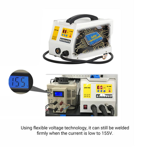 Car Body Dent Puller And 7 Function Spot Welder Kit 220V displays low voltage operation at 155V with digital readout
