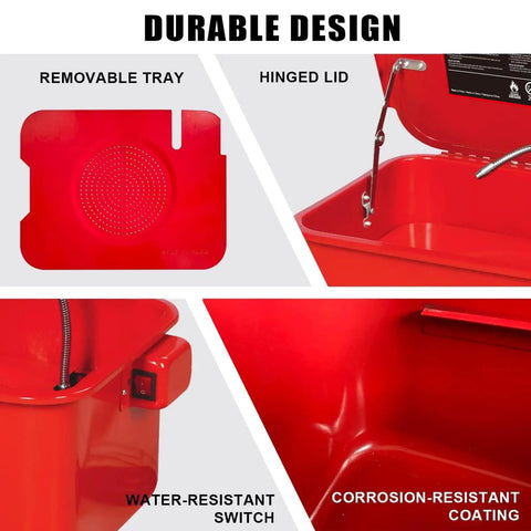 Heavy Duty Steel Parts Washer With Rapid Fluid Recycler Badass At Sloughing Off Grit On Gears Carburetors And Motor Blocks Pro Shop Staple Quick Dry Red Edition showing removable tray and hinged lid.