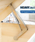 Heavy Duty Lid Hinge With Soft Close Gas Strut For 30 To 60 Pound Lids 200N Gas Spring Satin Nickel Finish installed in wooden box