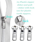 Zipper Repair Kit 39 Piece Set With Size Five Sliders And Pulls Metal Zippers Retainer Box Insertion Pins Top And Bottom Stops For Nylon Coil Zippers On Jackets Bags And More DIY Fix showing close-up of size 5 zipper slider.