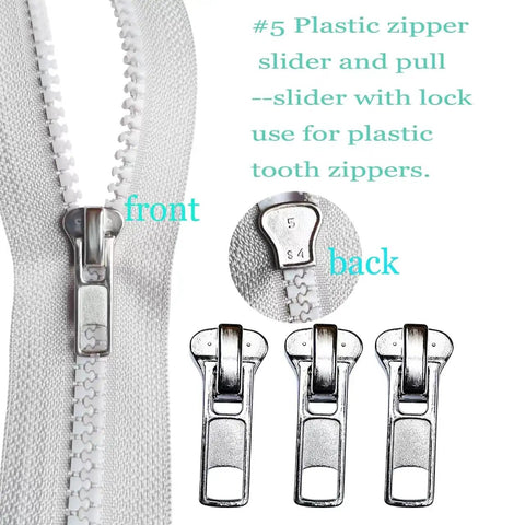 Zipper Repair Kit 39 Piece Set With Size Five Sliders And Pulls Metal Zippers Retainer Box Insertion Pins Top And Bottom Stops For Nylon Coil Zippers On Jackets Bags And More DIY Fix showing close-up of size 5 zipper slider.