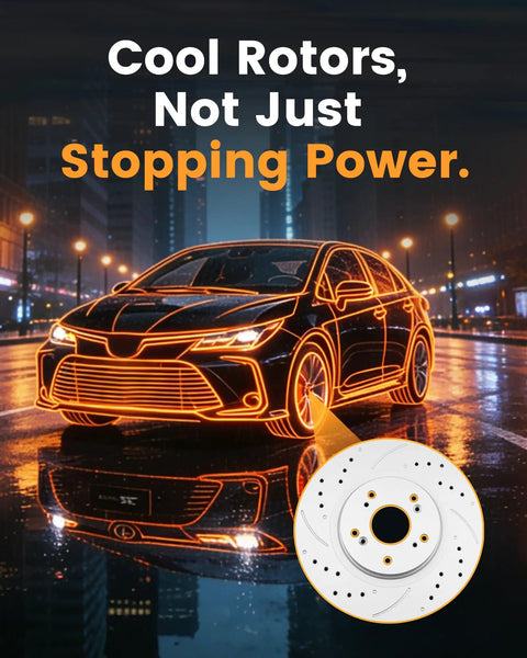 Illustration of Toyota Corolla highlighting Beefed Up Front Brake Kit For Toyota Corolla 2009 Through 2019 Geomet Coated Drilled rotors.