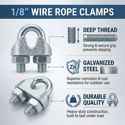 20 Pcs One Eighth Inch Wire Rope Clamp Clips Heavy Duty Workhorse M3 Galvanized Cable Clamps features deep thread design