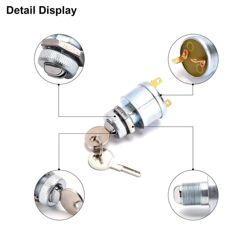 Universal EZGO Golf Cart Ignition Key Switch Starter With 2 Terminal Prongs, Includes 2 Keys, Lock Washer, Face Nut