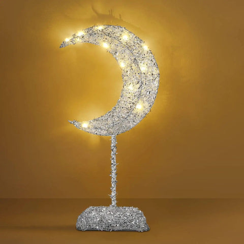 Moon Shaped Ramadan Desk Lamp Battery Powered With Warm White Led Wrought Iron Frame Cozy Bedside Nightstand Light For Christmas Decor And Vibe Home Bedroom Accent Romantic Soft Glow Silver