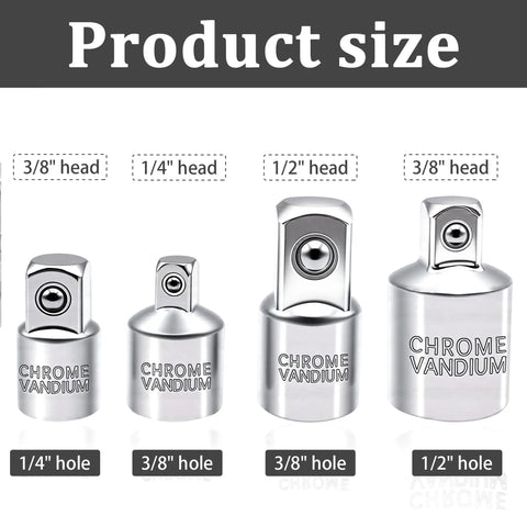 Heavy Duty Chromium Vanadium Steel Socket Adapter Set with 3/8 to 1/2 and 3/8 to 1/4 square ratchet reducers, mirror polished.