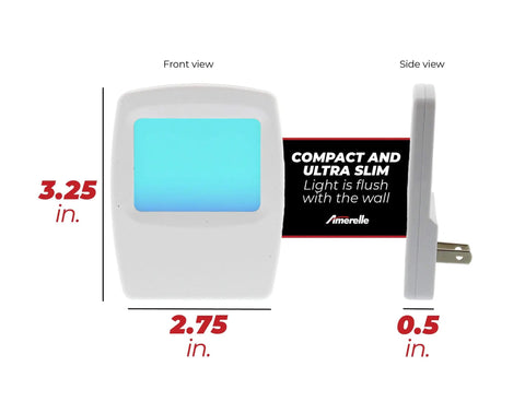 Always On Blue Night Light 4 Pack Plug In LED Slim Night Lights front and side view with dimensions